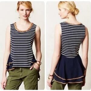Anthropologie PostMarked Navy Striped Flowy Peplum Sleeveless Top Sz Med N